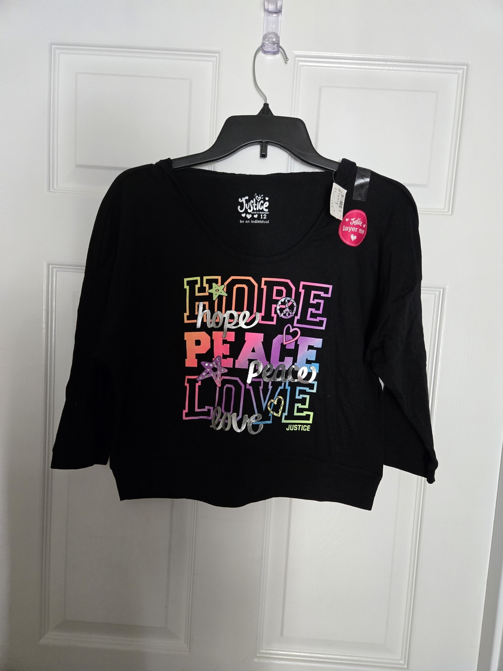 Justice Black Cropped Graphic Sweatshirt - Rainbow HOPE PEACE LOVE